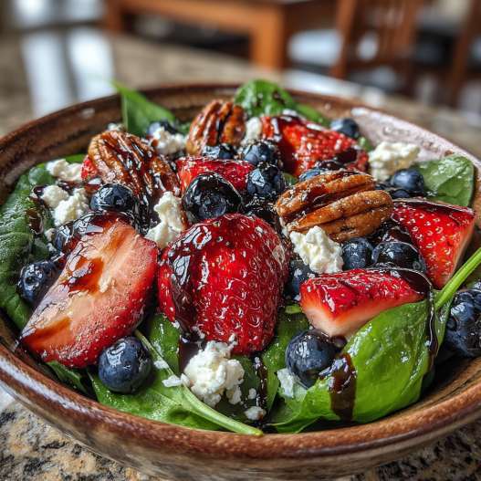 30-Minute Strawberry Spinach Salad with Blueberries, Pecans, Feta cheese, and a Balsamic glaze. - delicate fresh leaves tossed with vibrant seasonal toppings with shaved radishes and fresh herbs