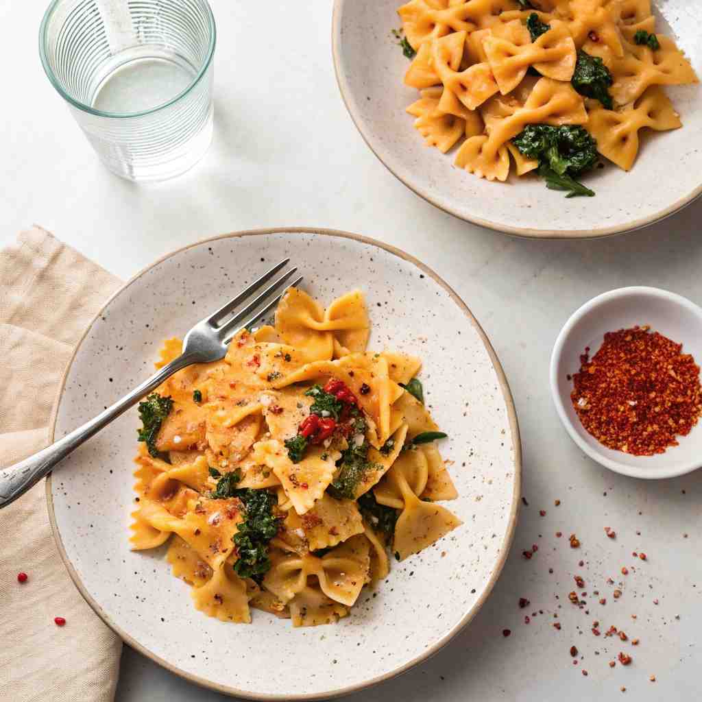 4-Ingredient Creamy Chili Crisp Pasta - delicate flaky crust with warm caramelized edges with fresh garden berries and mint