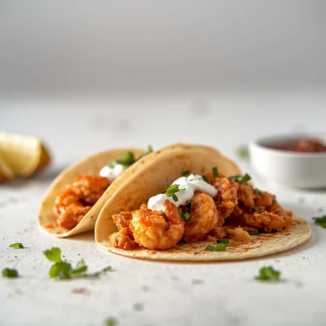 Air Fryer Bang Bang Shrimp Tacos - glistening citrus-herb glaze over delicately cooked fillets with paprika dusting and fresh parsley sprigs