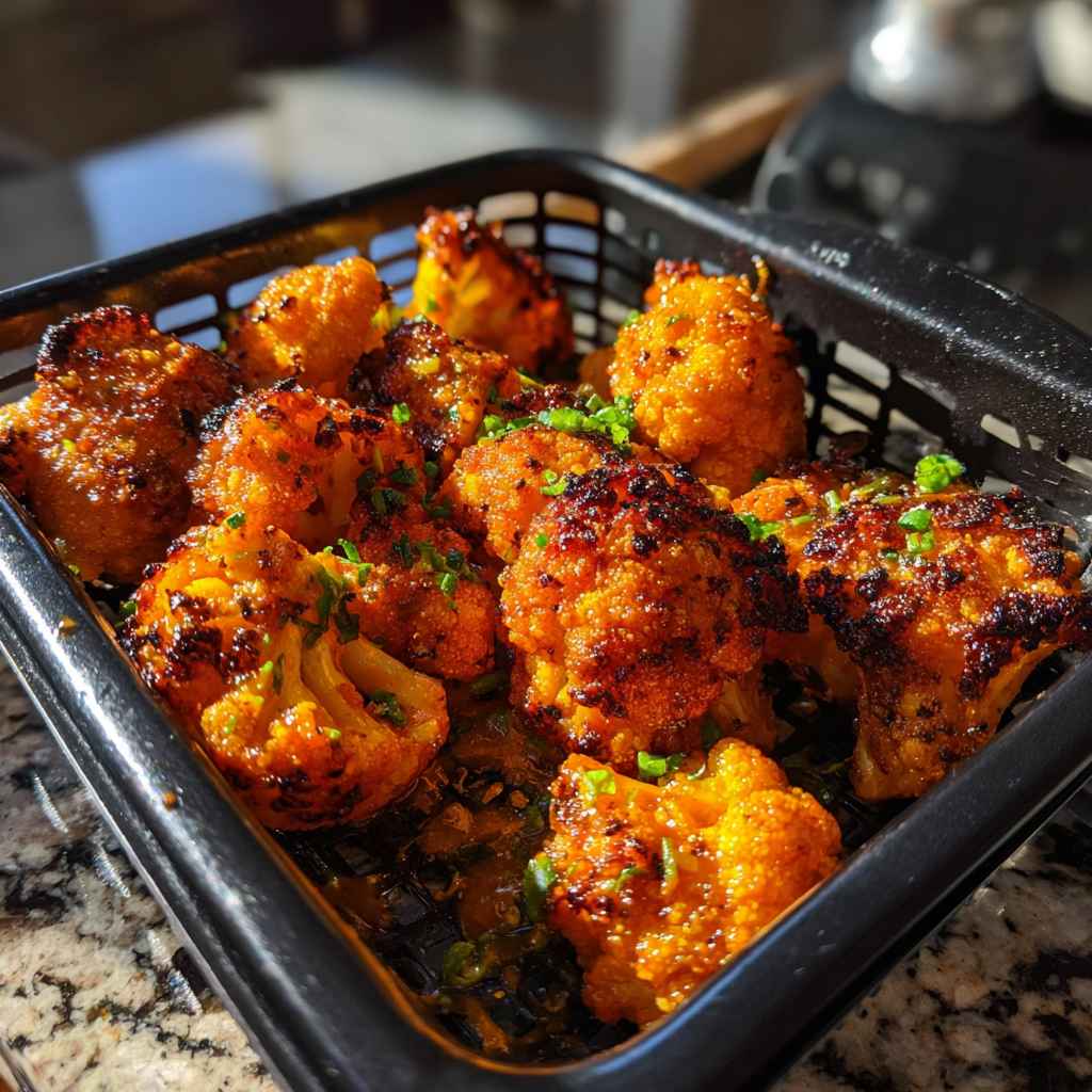 Air Fryer Buffalo Cauliflower Recipe - smooth creamy dipping consistency with baked bubbly top with chopped parsley and grated cheese