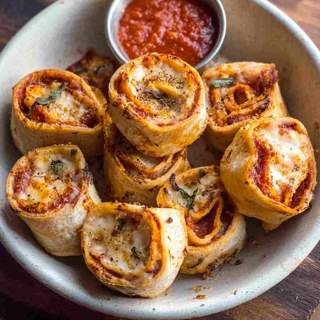 Air Fryer Pizza Rolls - crispy golden exterior with warm flavorful filling with toasted sesame seeds and dipping bowl