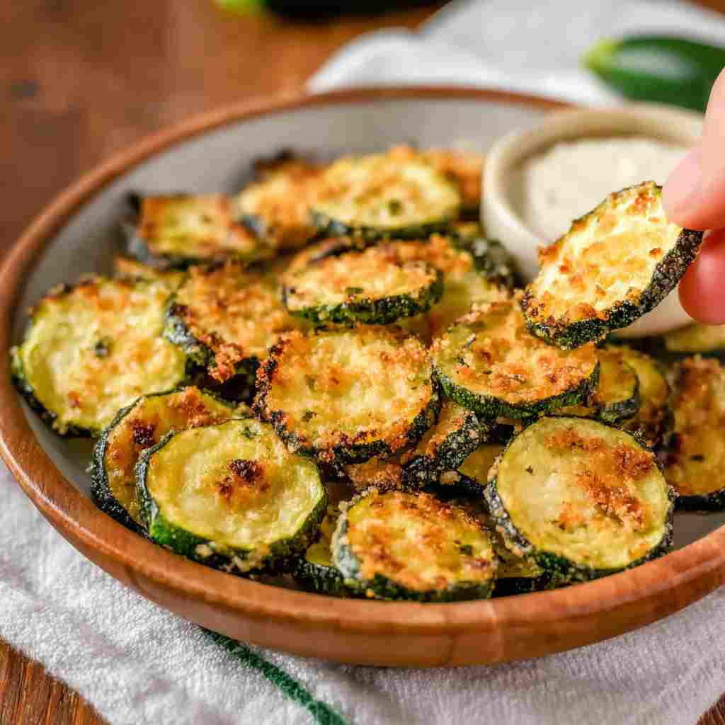 Air Fryer Zucchini Chips - seasoned crunchy edges with vibrant dipping sauce with fresh cilantro leaves and sliced jalapeños