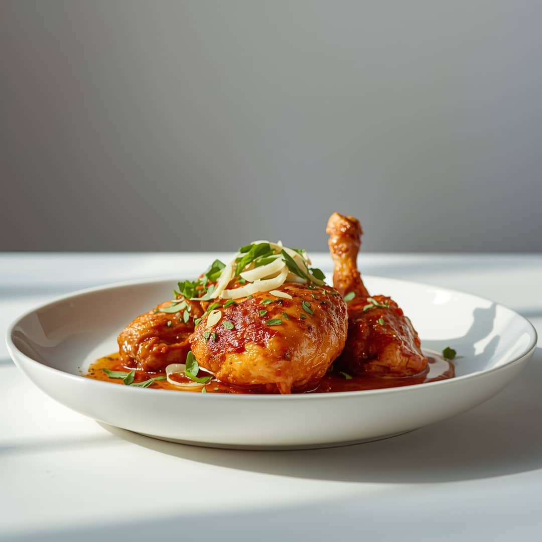 Alice Springs Chicken - crispy golden skin with aromatic herb seasoning with fresh thyme leaves and roasted garlic cloves