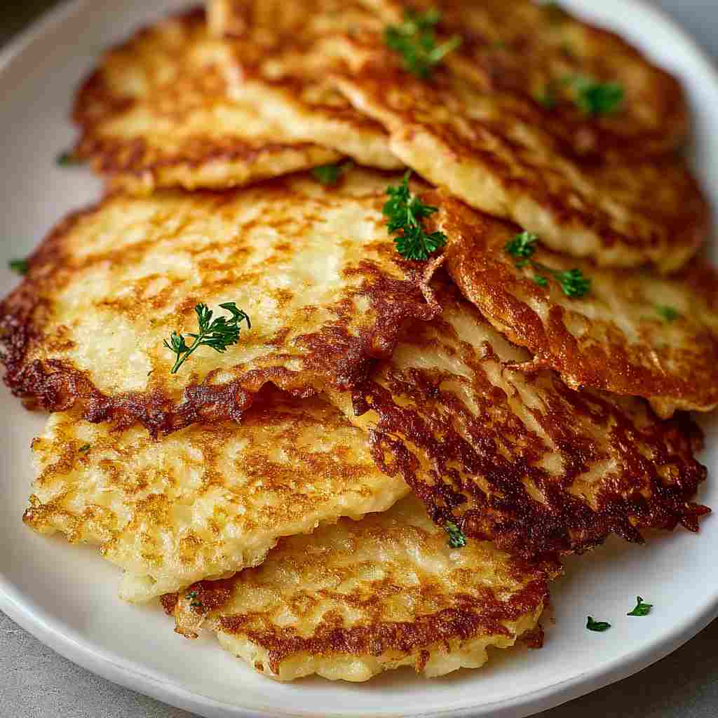 Authentic German Potato Pancakes - delicate flaky crust with warm caramelized edges with fresh garden berries and mint