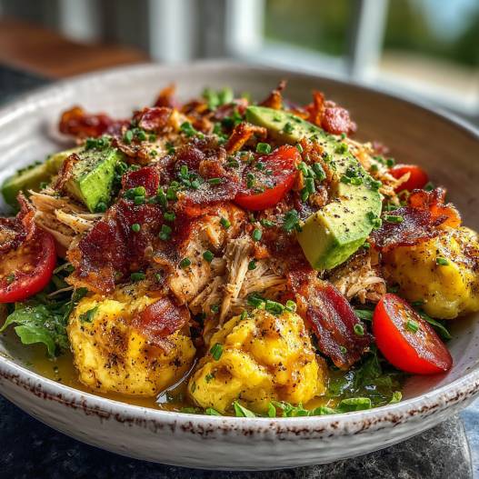 Bacon Avocado Chicken Salad with Lemon Vinaigrette - crisp garden greens with fresh cracked pepper and lemon wedges