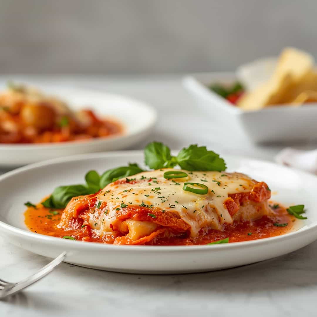 Baked Chicken Parmesan - succulent simmered chicken smothered in rich pan sauce with fresh rosemary sprigs and pan drippings