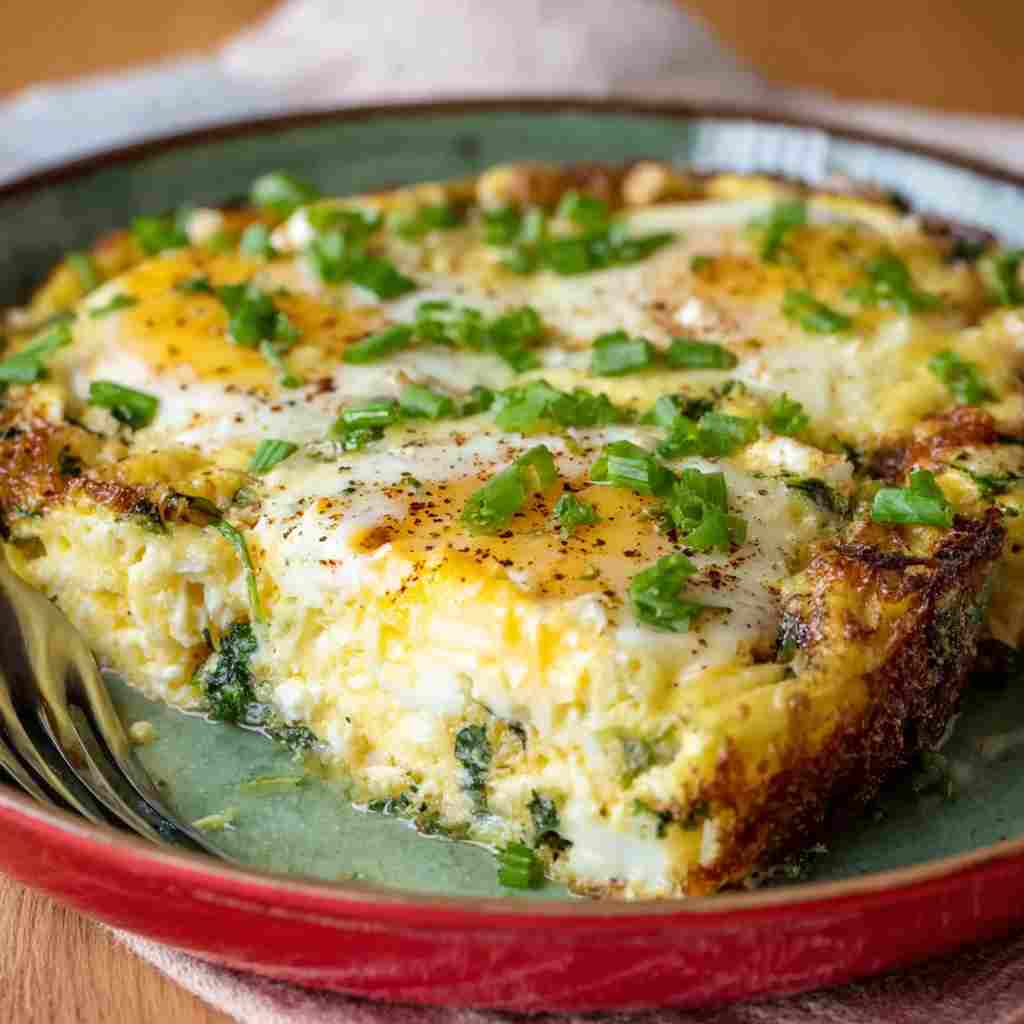 Baked Cottage Cheese Eggs - beautifully cooked texture with balanced colors and appetizing finish with cracked black pepper and olive oil
