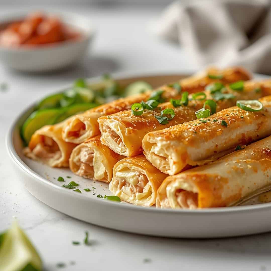 Baked Cream Cheese Chicken Taquitos - crispy golden skin with aromatic herb seasoning with fresh thyme leaves and roasted garlic cloves