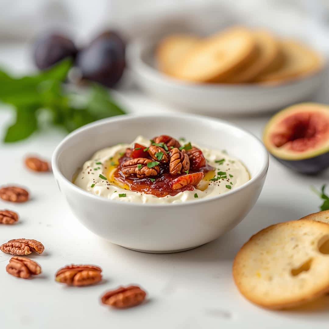 Baked Feta Dip Fig Jam Pecans - crispy golden exterior with warm flavorful filling with toasted sesame seeds and dipping bowl