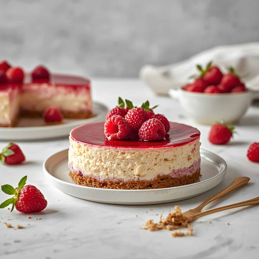 Baked Raspberry Cheesecake Recipe - moist with a dollop of whipped topping