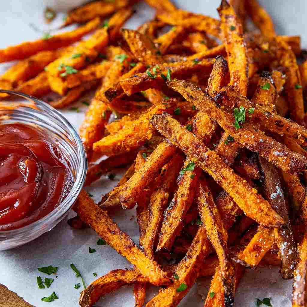 Baked Sweet Potato Fries - crispy golden exterior with warm flavorful filling with toasted sesame seeds and dipping bowl