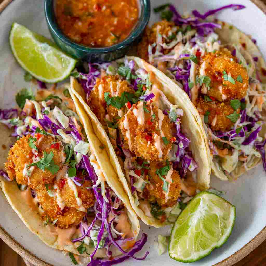 Bang Bang Shrimp Tacos - glistening citrus-herb glaze over delicately cooked fillets with paprika dusting and fresh parsley sprigs