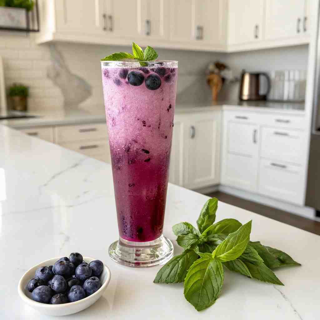 Basil-Blueberry Limeade - homemade dish showcasing wholesome fresh ingredients with microgreens and lemon zest