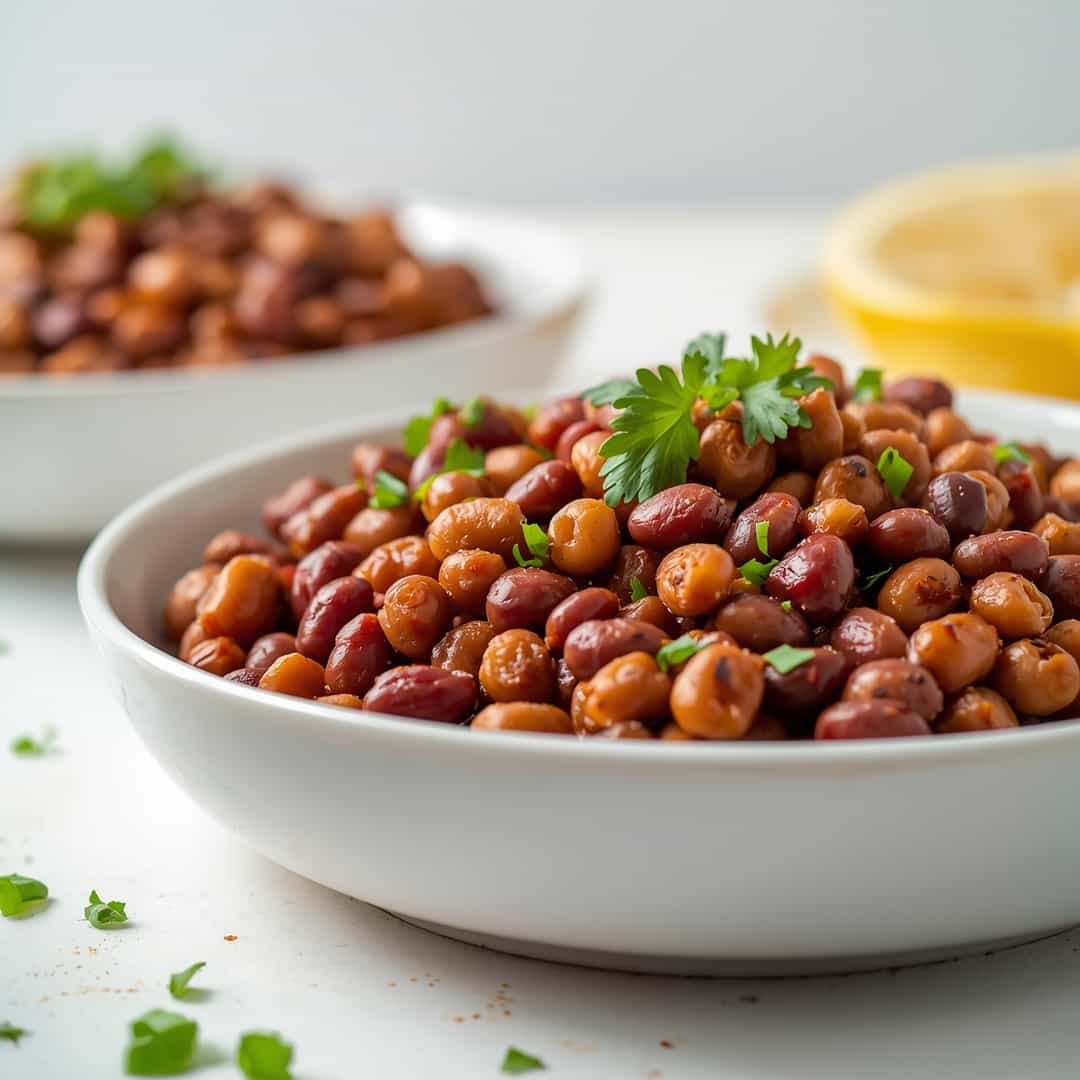 BBQ black eyed peas - homemade dish showcasing wholesome fresh ingredients with microgreens and lemon zest