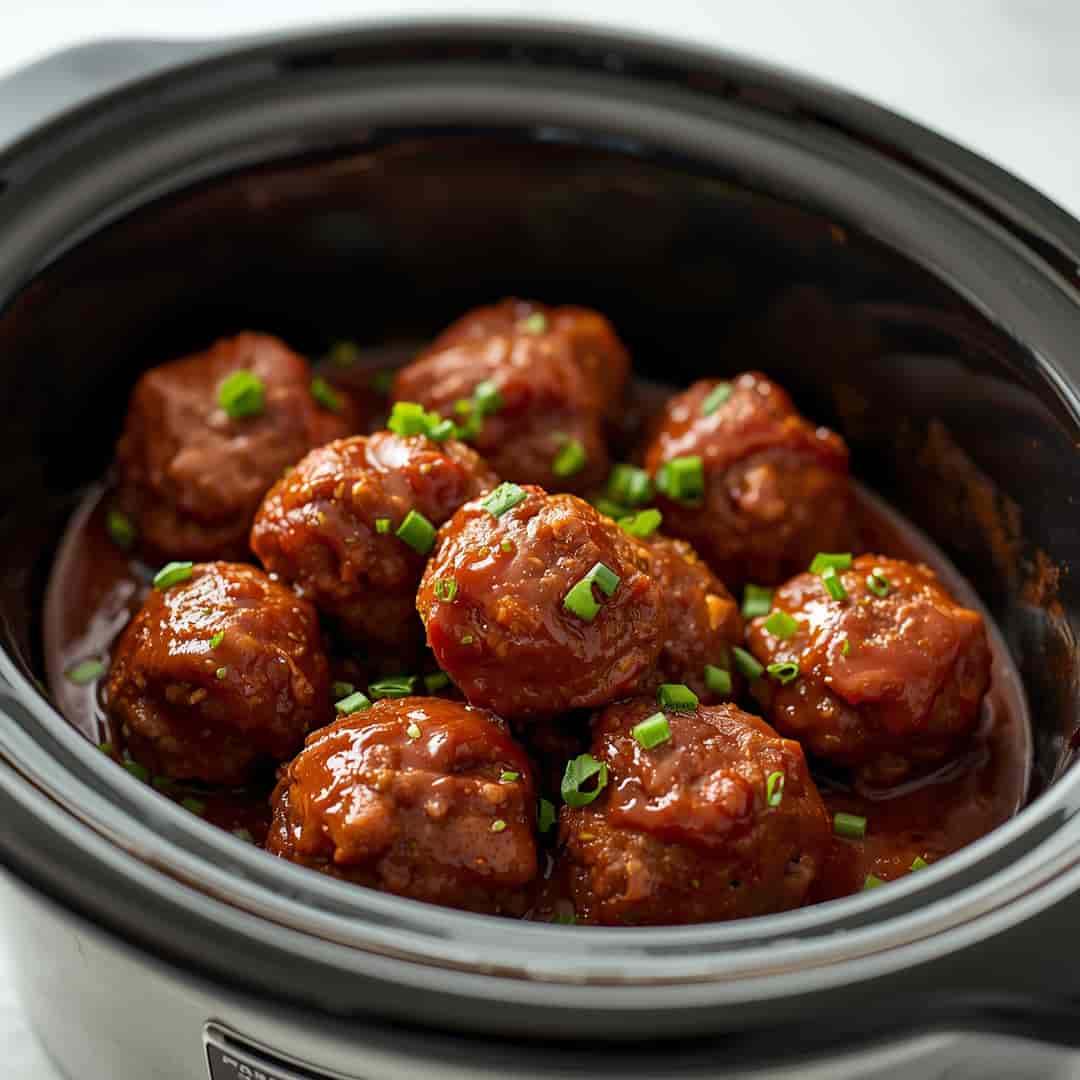 BBQ Meatballs Crockpot - tender slow-cooked meat with deep savory glaze with fresh parsley and cracked peppercorns