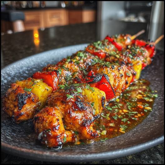 BBQ Pineapple Chicken Kabobs - succulent simmered chicken smothered in rich pan sauce with fresh rosemary sprigs and pan drippings
