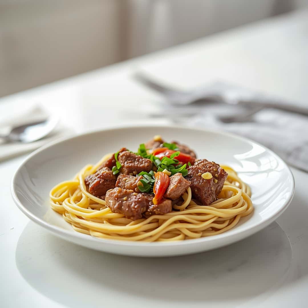 Beef Tips and Noodles - tender pasta pockets smothered in rich flavorful sauce with chopped flat-leaf parsley and red pepper flakes