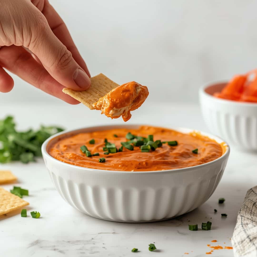 BEST Buffalo Chicken Dip - crispy golden skin with aromatic herb seasoning with fresh thyme leaves and roasted garlic cloves
