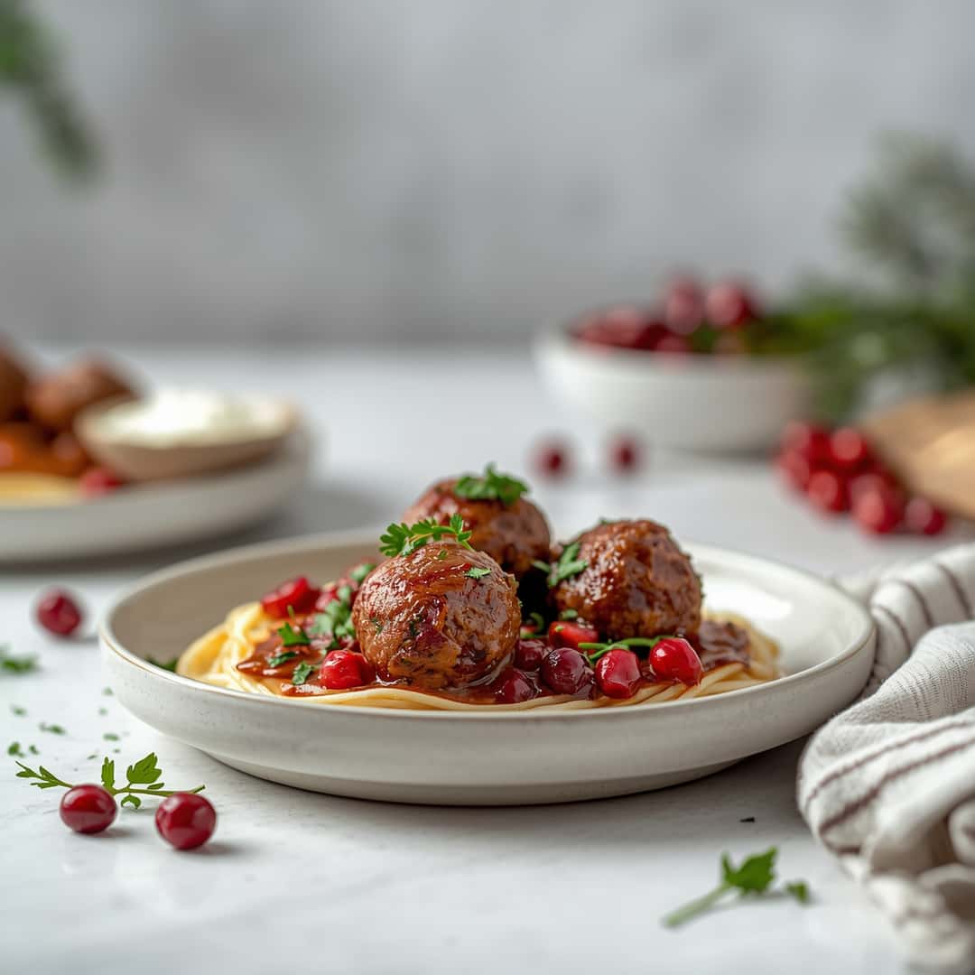 Best Christmas Cranberry Meatballs - tender slow-cooked meat with deep savory glaze with fresh parsley and cracked peppercorns