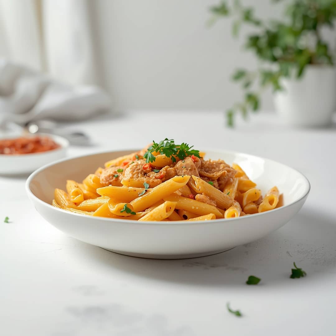 Best Crack Chicken Penne Recipe - tender pasta pockets smothered in rich flavorful sauce with chopped flat-leaf parsley and red pepper flakes