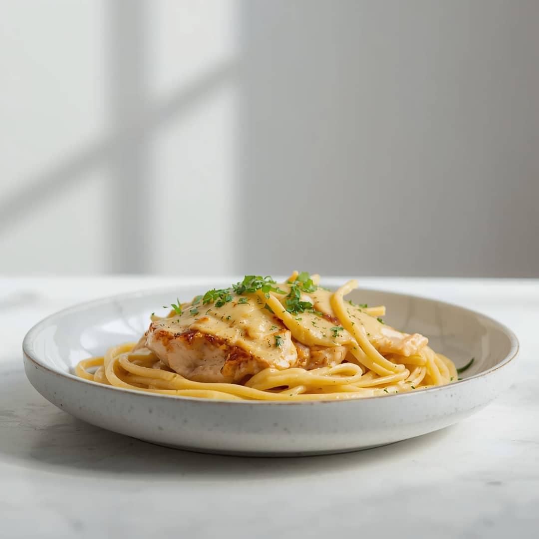 Best Ever Chicken Carbonara Recipe - succulent simmered chicken smothered in rich pan sauce with fresh rosemary sprigs and pan drippings