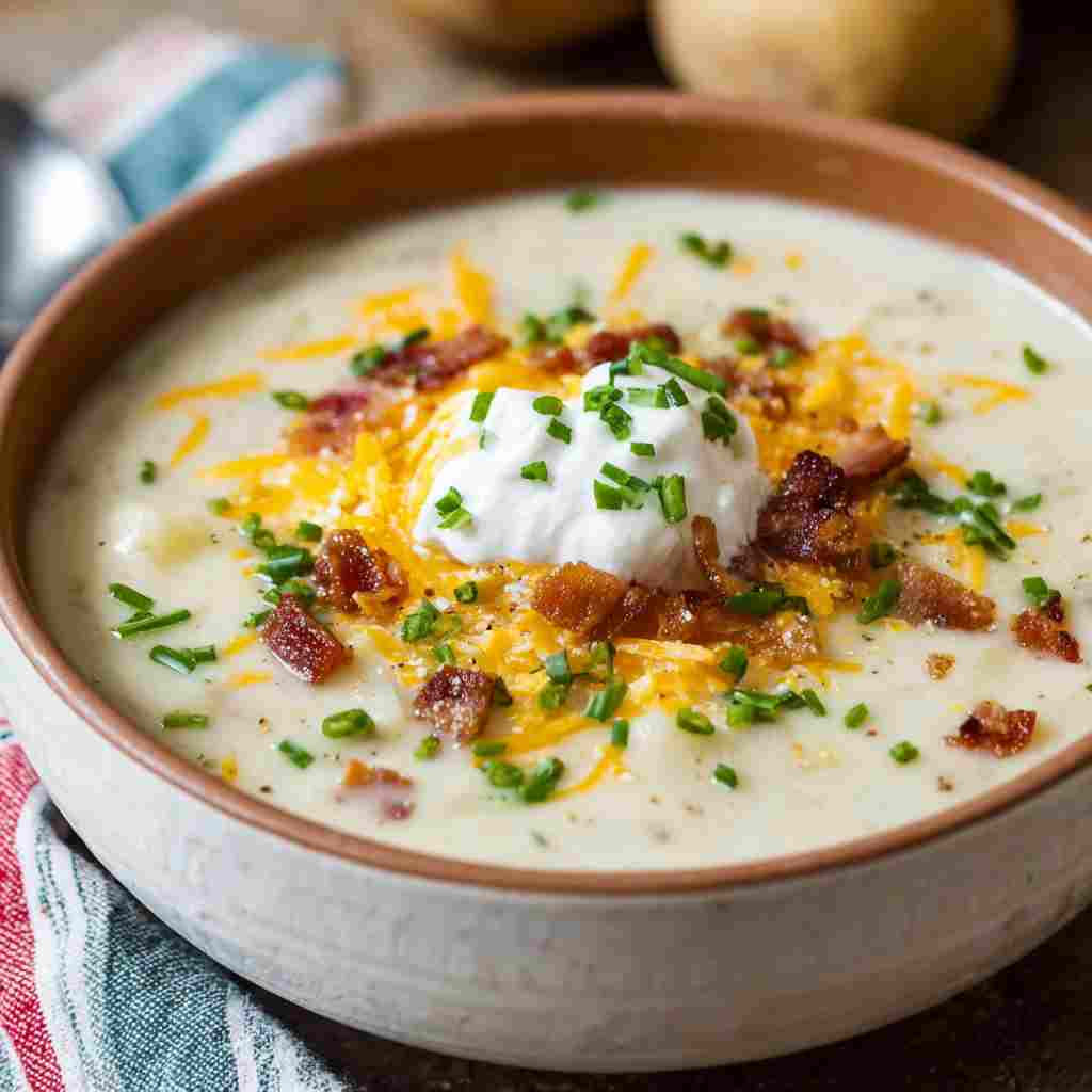 Best Homemade Loaded Potato Soup - steaming with a swirl of cream and cracked black pepper