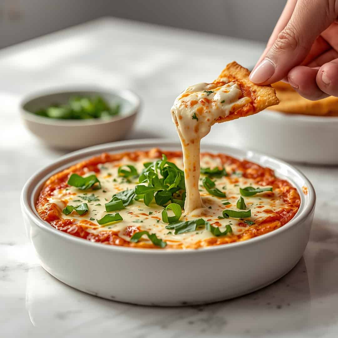 BEST Pizza Dip - seasoned crunchy edges with vibrant dipping sauce with fresh cilantro leaves and sliced jalapeños