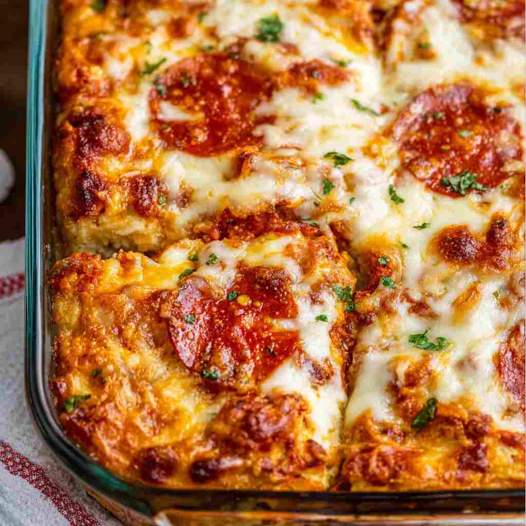 Biscuit Pizza Casserole - beautifully cooked texture with balanced colors and appetizing finish with cracked black pepper and olive oil