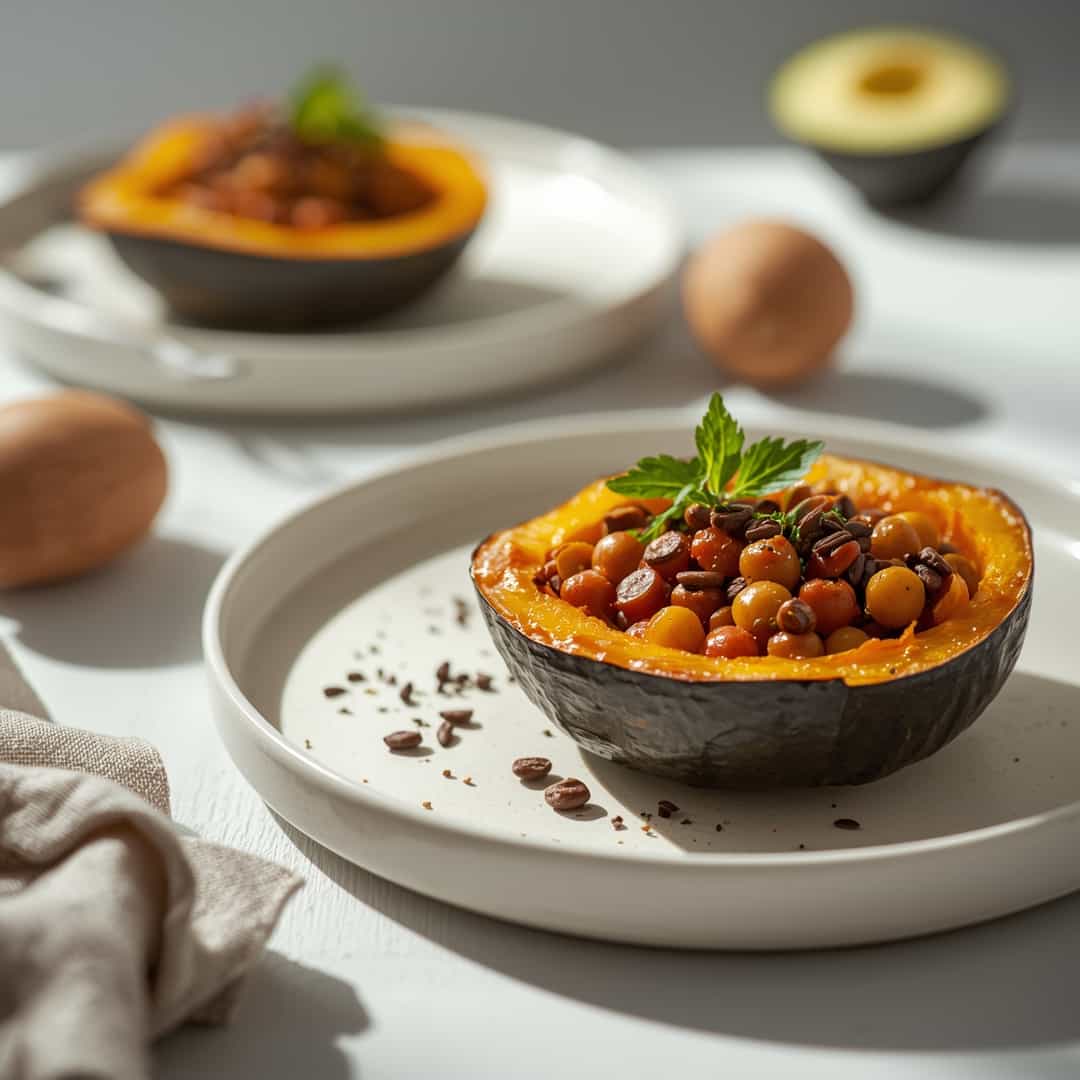Black eyed pea baked squash - homemade dish showcasing wholesome fresh ingredients with microgreens and lemon zest
