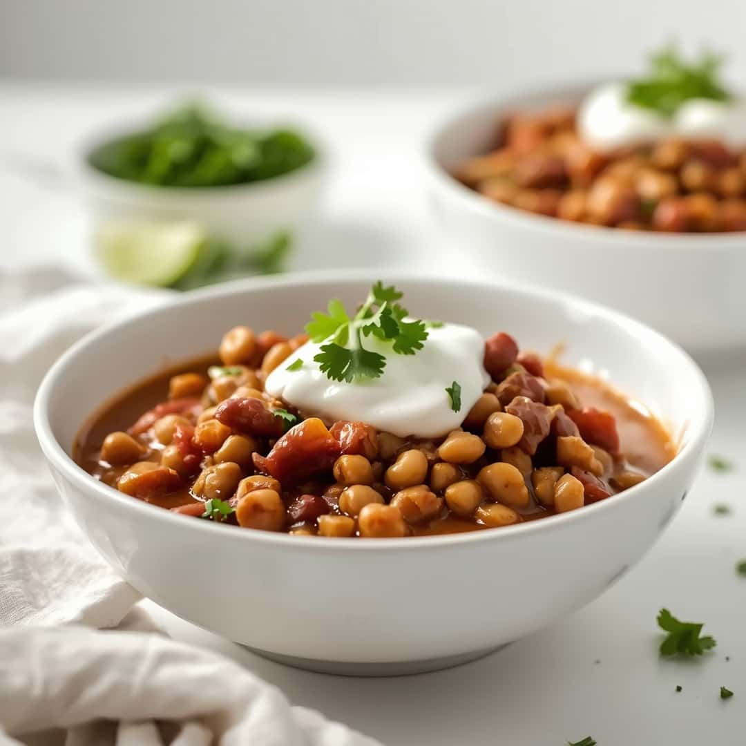 Black eyed pea chili recipe - rich hearty simmer with deep aromatic color with grated aged Parmesan and crunchy croutons