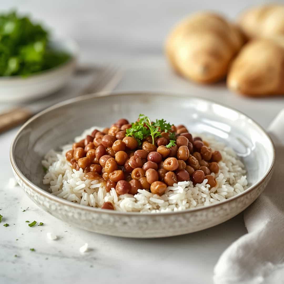 Black eyed peas and rice - beautifully cooked texture with balanced colors and appetizing finish with cracked black pepper and olive oil