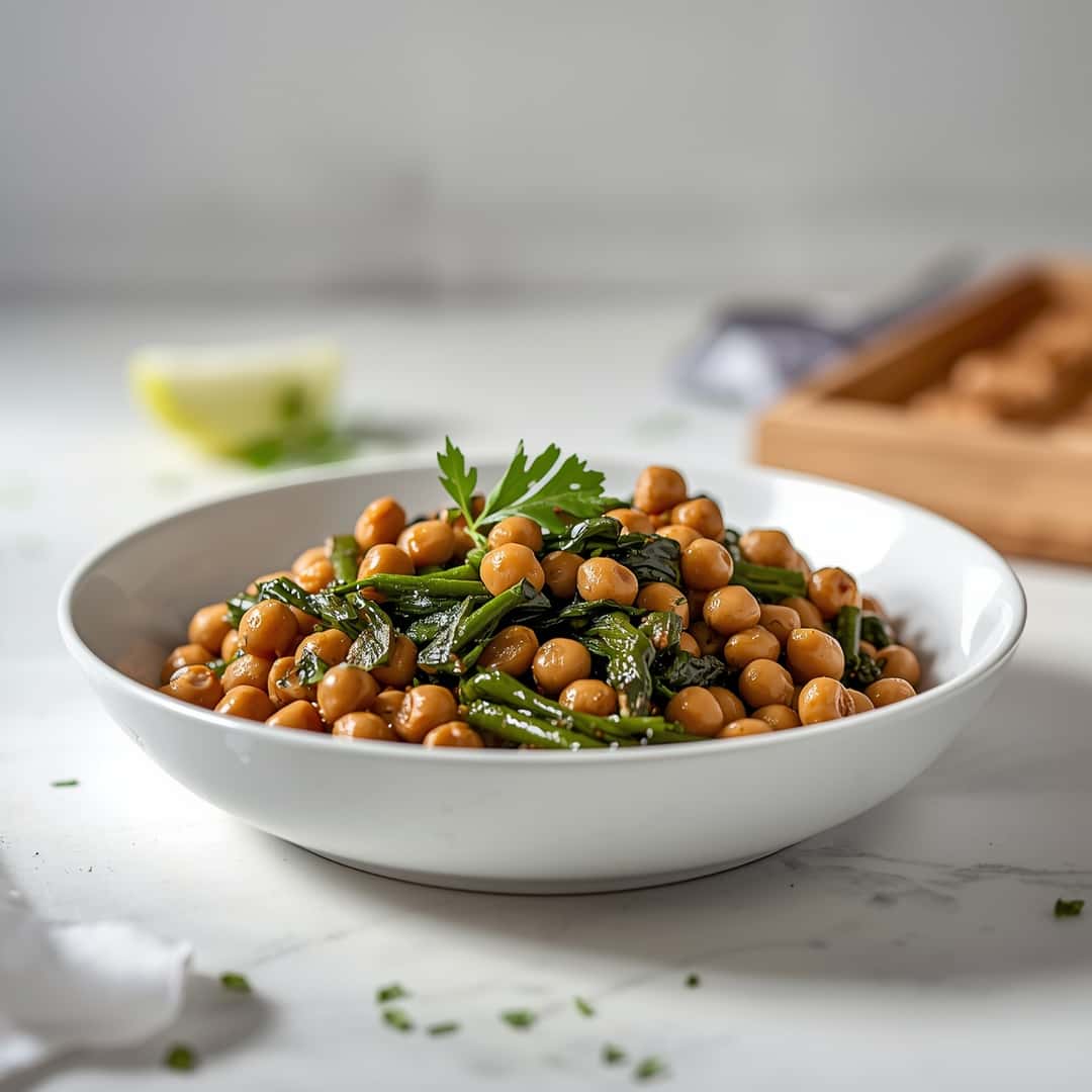 Black eyed peas collard greens - homemade dish showcasing wholesome fresh ingredients with microgreens and lemon zest