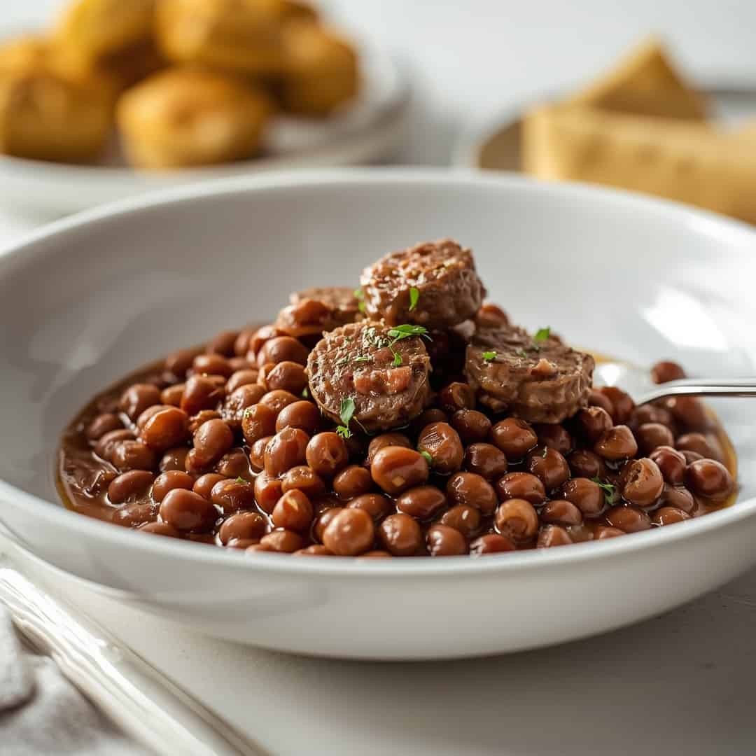 Black eyed peas with sausage - seared caramelized crust with juicy tender interior with chopped scallions and toasted sesame seeds