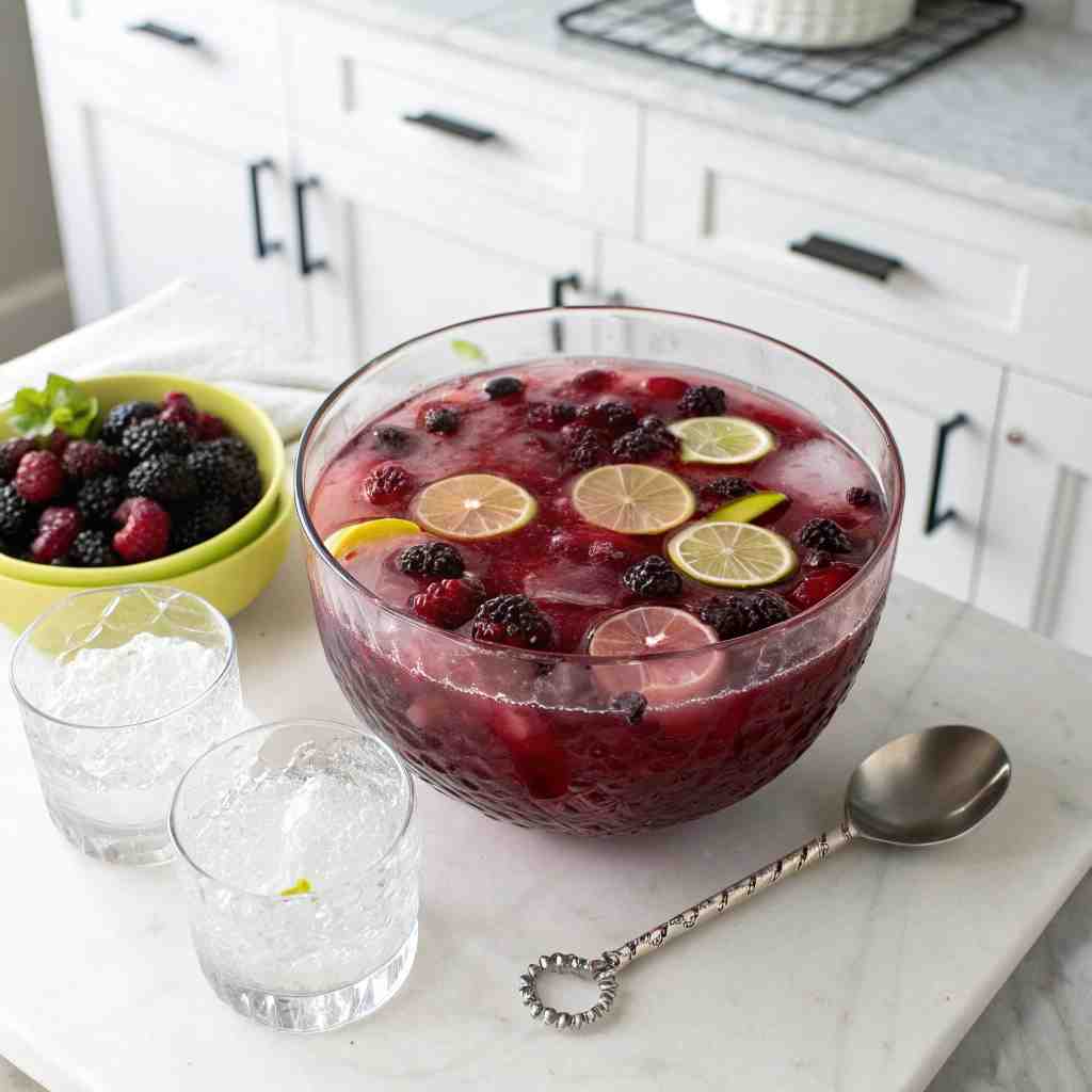 Blackberry-Lime Porch Punch - effervescent bubbling finish over clear ice cubes with a festive straw and lime wedge
