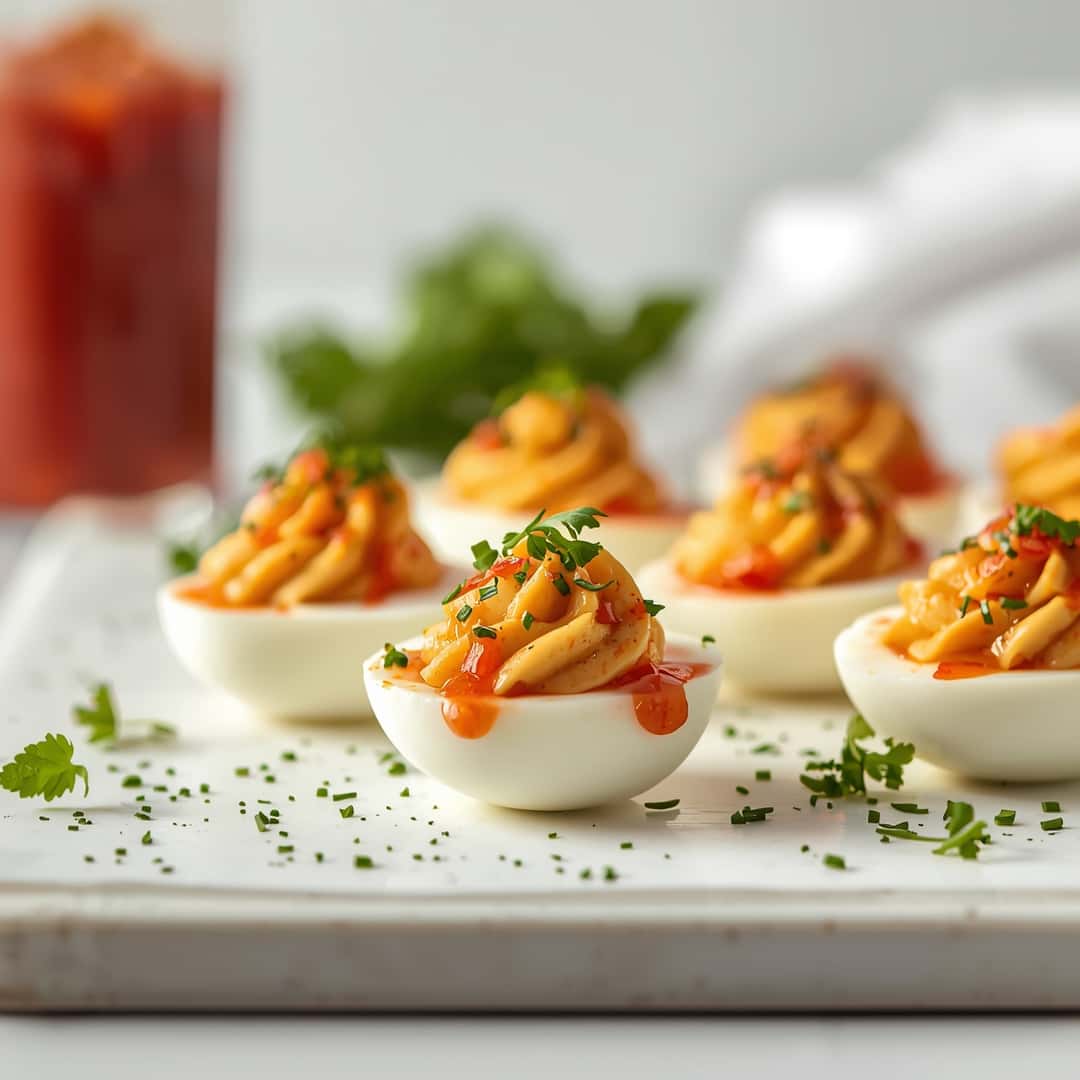 Bloody Mary Deviled Eggs - homemade dish showcasing wholesome fresh ingredients with microgreens and lemon zest