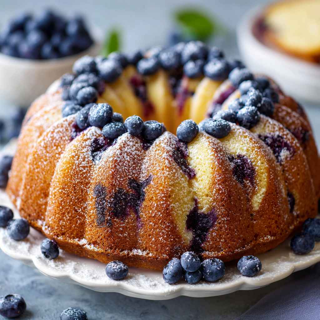 Blueberry Breakfast Bundt Cake - delicate flaky crust with warm caramelized edges with fresh garden berries and mint
