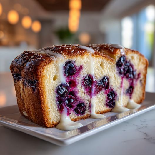 Blueberry Cream Cheese Bread - delicate flaky crust with warm caramelized edges with fresh garden berries and mint