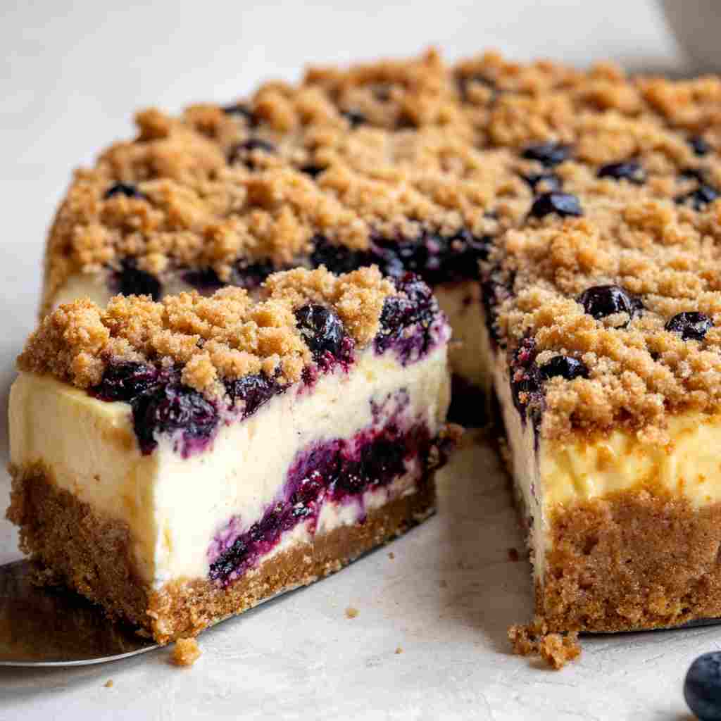 Blueberry Crumble Cheesecake Recipe - tender with a light drizzle of sweet glaze