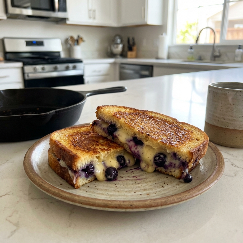 Blueberry Grilled Cheese Sandwich - beautifully cooked texture with balanced colors and appetizing finish with cracked black pepper and olive oil