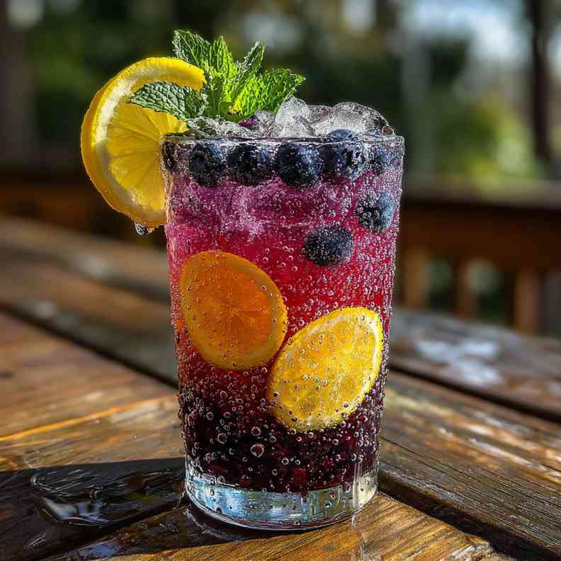 Blueberry Lemonade - effervescent bubbling finish over clear ice cubes with a delicate sugared rim and berry skewer
