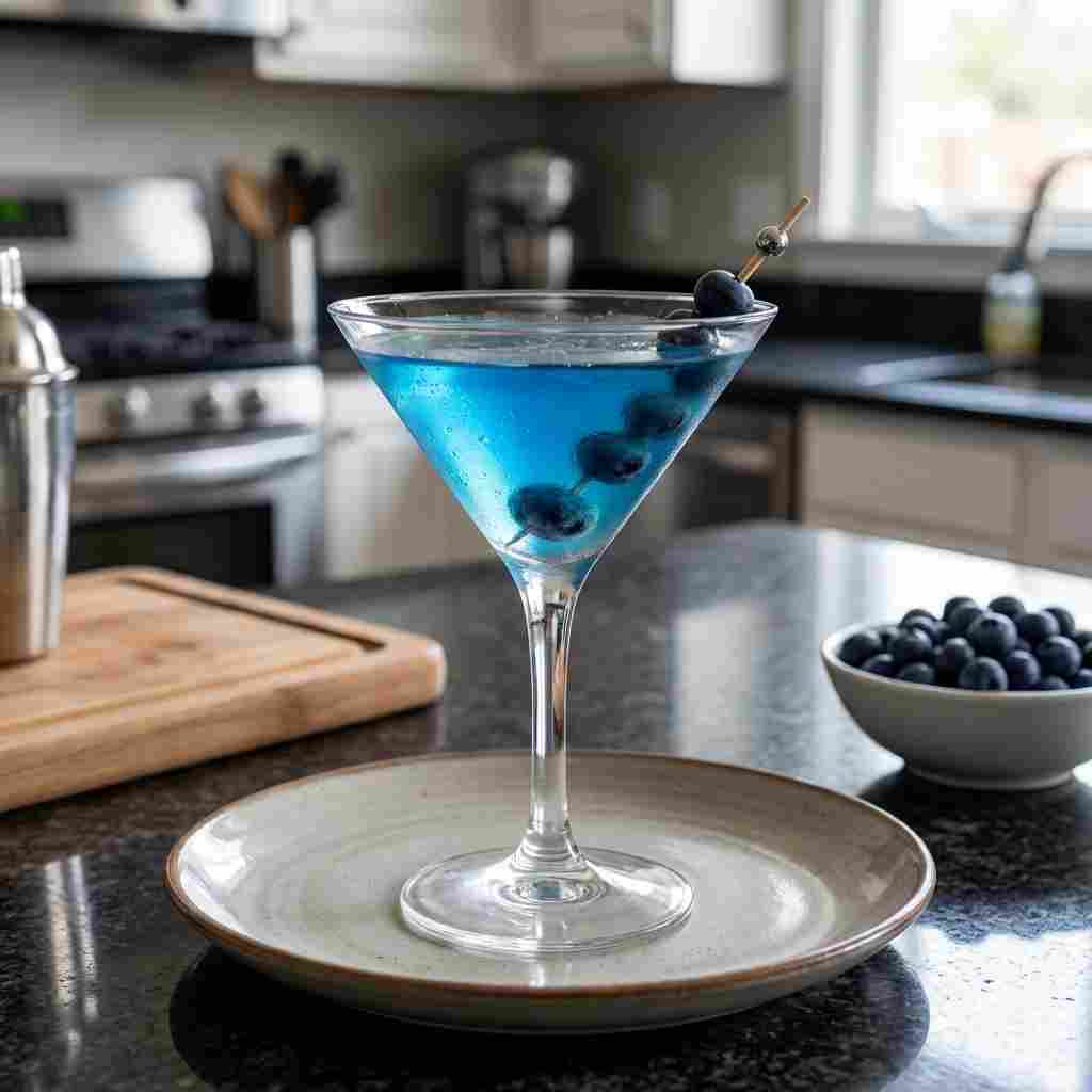 Blueberry Martini Cocktail Recipe - smooth creamy blended texture with rich froth with a fresh citrus wheel and fragrant mint sprig