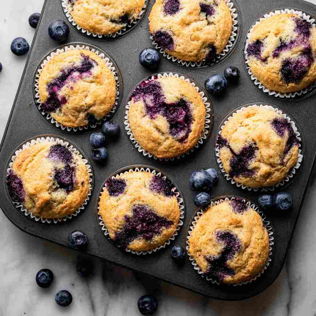 Blueberry Protein Muffins - rich velvety layer with crisp golden edges with a delicate dusting of powdered sugar