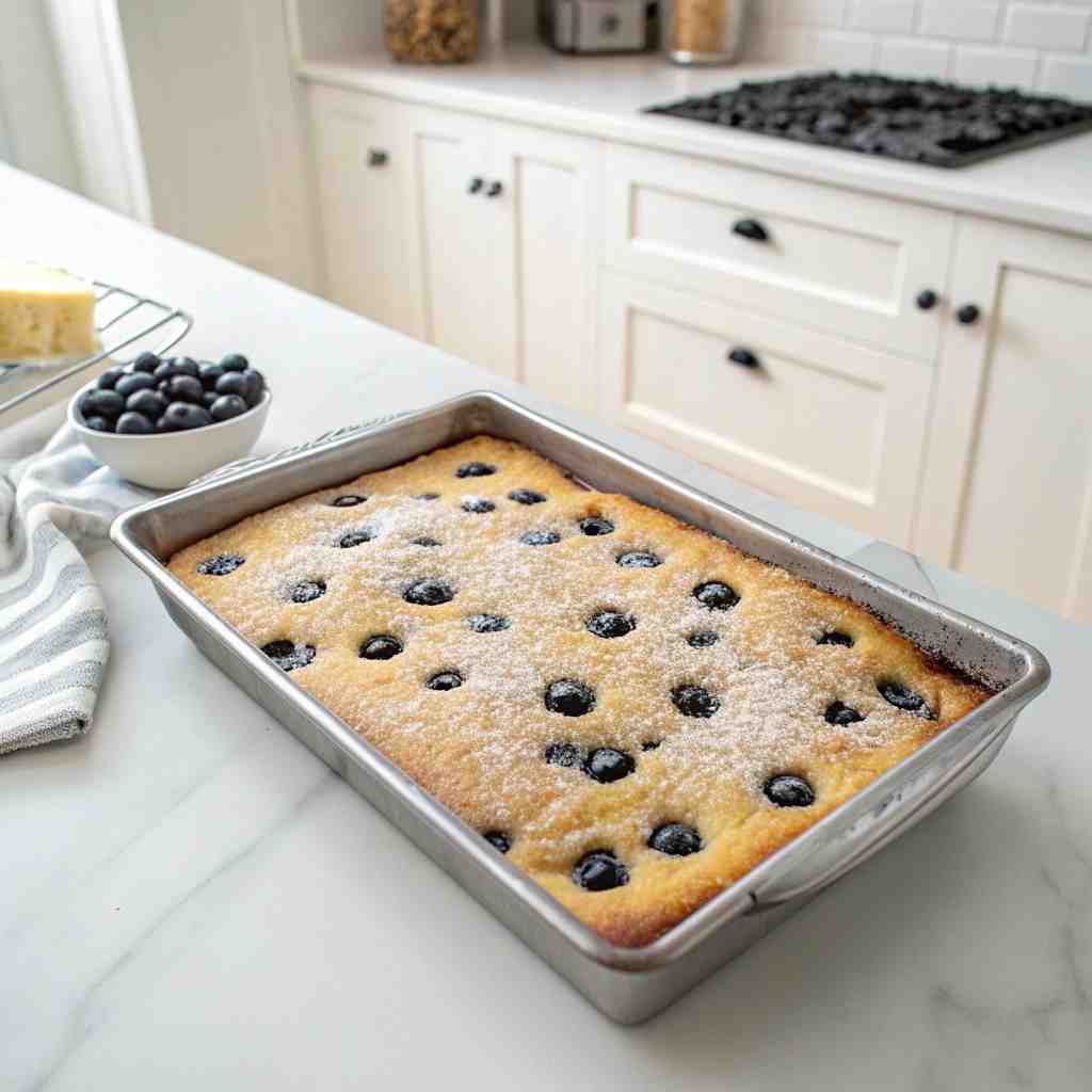 Blueberry Sheet Cake Recipe - delicate flaky crust with warm caramelized edges with fresh garden berries and mint