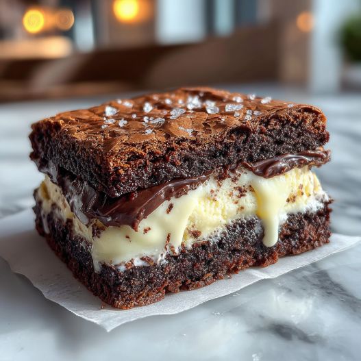 Brownie Ice Cream Sandwiches - chewy soft-baked center and crisp edges with drizzled melted chocolate