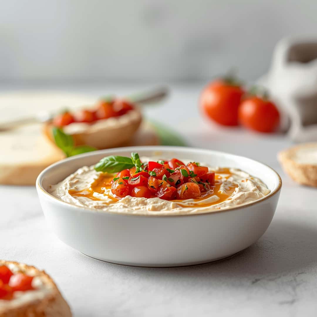 Bruschetta Dip Recipe - smooth creamy dipping consistency with baked bubbly top with chopped parsley and grated cheese