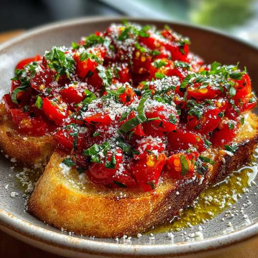 Bruschetta Dip - smooth creamy dipping consistency with baked bubbly top with chopped parsley and grated cheese