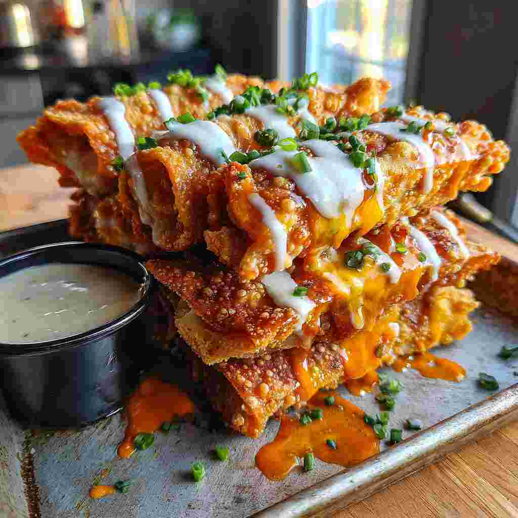 Buffalo Chicken Egg Rolls - succulent simmered chicken smothered in rich pan sauce with fresh rosemary sprigs and pan drippings