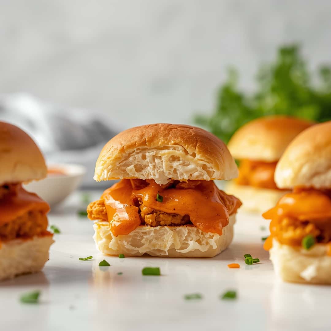 Buffalo Chicken Sliders - tender with chopped chives and lemon slices