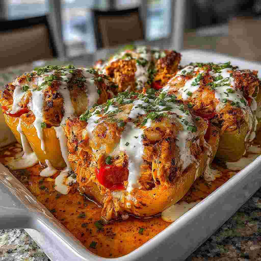 Buffalo Chicken Stuffed Peppers - tender with chopped chives and lemon slices