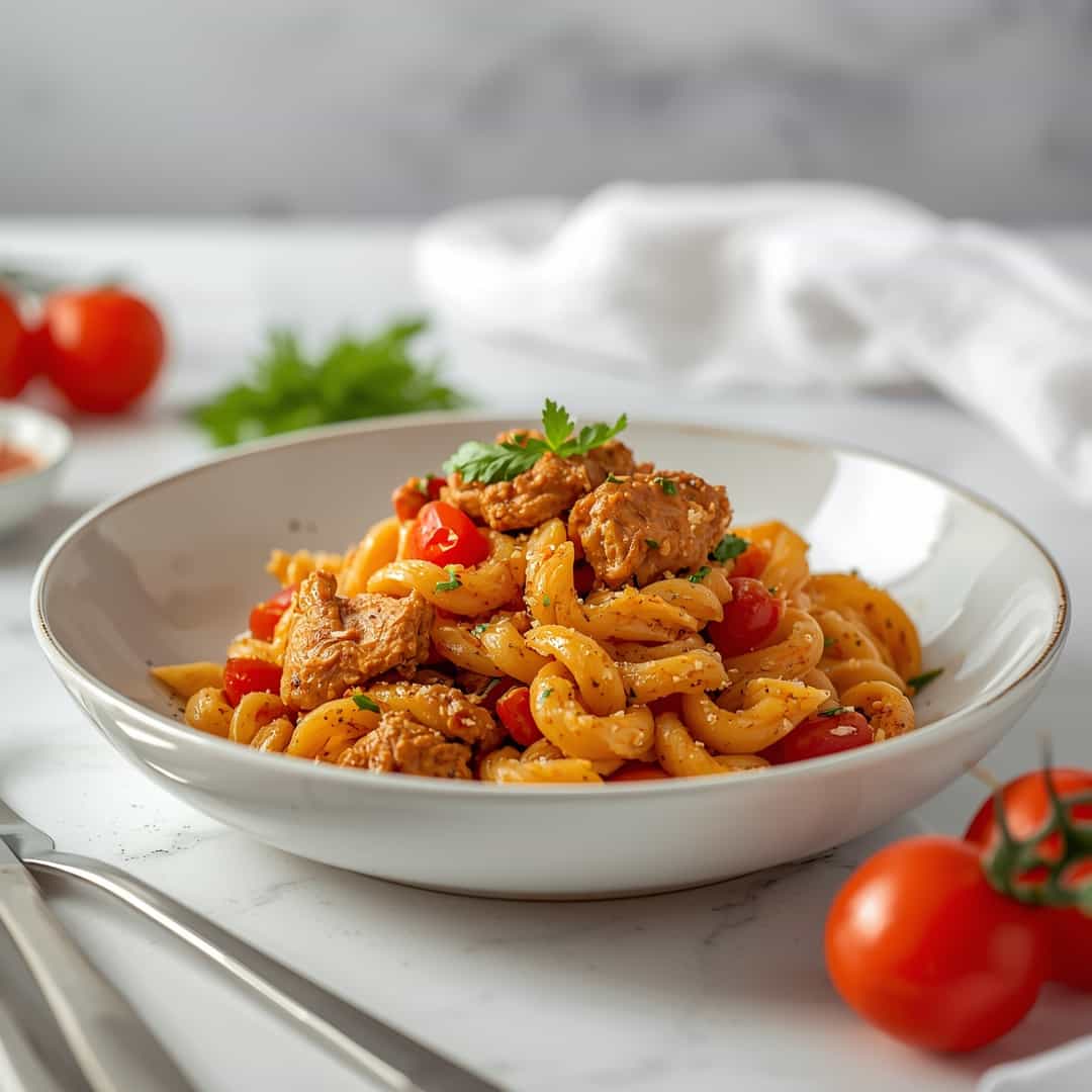 Cajun Chicken Pasta Recipe - golden baked melted cheese crust with saucy edges with freshly grated Parmigiano-Reggiano and torn basil